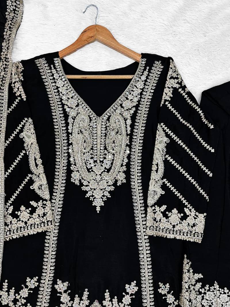 Black chinon readymade plazzo suit with embroidery sequence work
