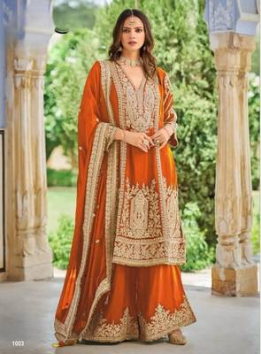 Orange chinon readymade plazzo suit with embroidery sequence work 1