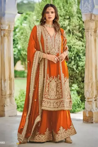 Orange chinon readymade plazzo suit with embroidery sequence work