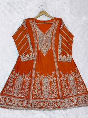 Orange chinon readymade plazzo suit with embroidery sequence work 2