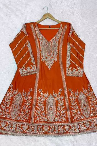 Orange chinon readymade plazzo suit with embroidery sequence work