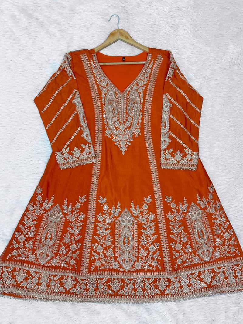 Orange chinon readymade plazzo suit with embroidery sequence work