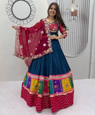 Peacock Blue Embroidery Thread sequin and Lace Work Cotton Lehenga Choli Set 1