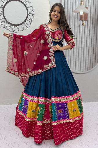 Peacock Blue Embroidery Thread sequin and Lace Work Cotton Lehenga Choli Set