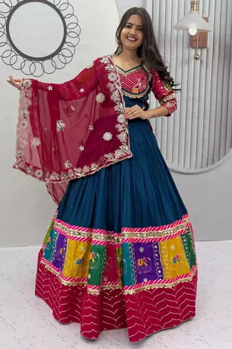 Peacock Blue Embroidery Thread sequin and Lace Work Cotton Lehenga Choli Set