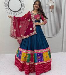 Peacock Blue Embroidery Thread sequin and Lace Work Cotton Lehenga Choli Set