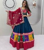 Peacock Blue Embroidery Thread sequin and Lace Work Cotton Lehenga Choli Set