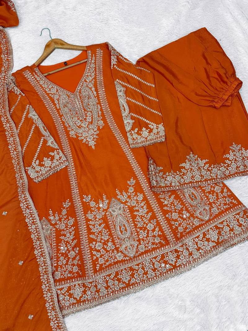 Orange chinon readymade plazzo suit with embroidery sequence work