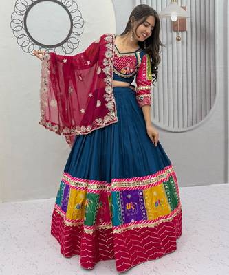 Peacock Blue Embroidery Thread sequin and Lace Work Cotton Lehenga Choli Set 2