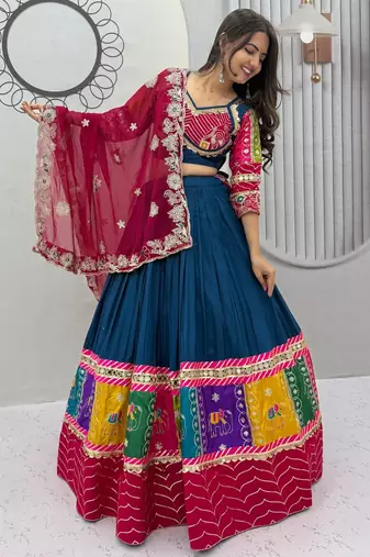 Peacock Blue Embroidery Thread sequin and Lace Work Cotton Lehenga Choli Set