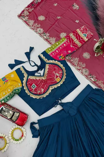 Peacock Blue Embroidery Thread sequin and Lace Work Cotton Lehenga Choli Set