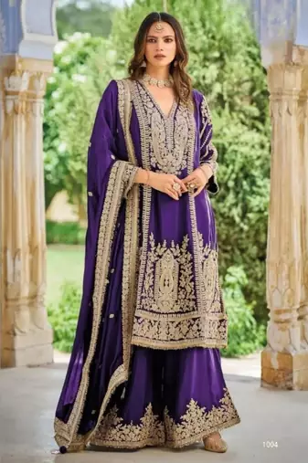 Violet chinon readymade plazzo suit with embroidery sequence work