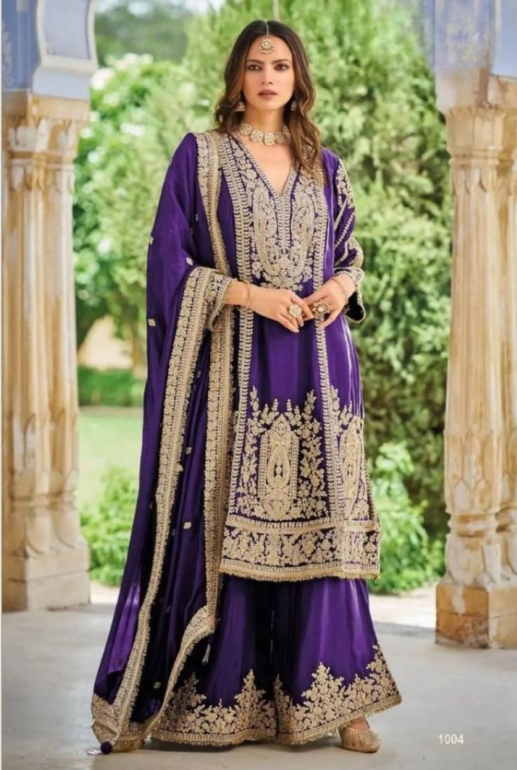 Violet chinon readymade plazzo suit with embroidery sequence work