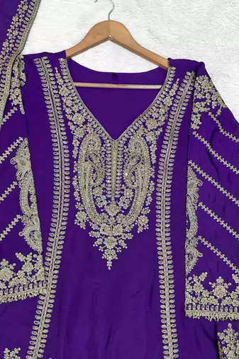 Violet chinon readymade plazzo suit with embroidery sequence work