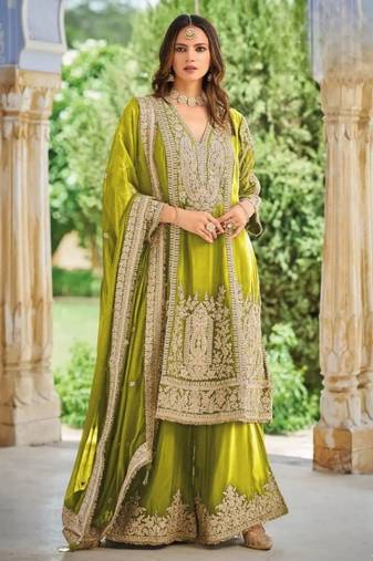 Olive chinon readymade plazzo suit with embroidery sequence work