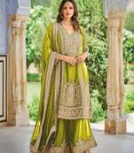 Olive chinon readymade plazzo suit with embroidery sequence work