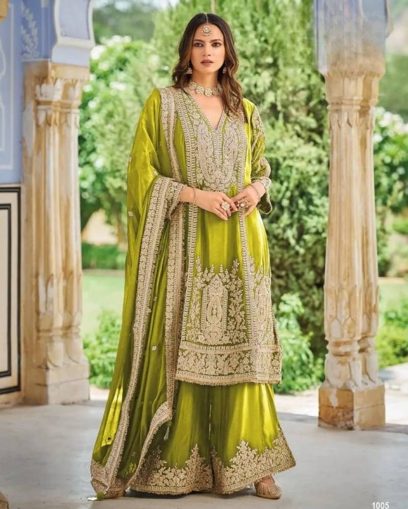 Olive chinon readymade plazzo suit with embroidery sequence work