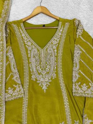 Olive chinon readymade plazzo suit with embroidery sequence work 2