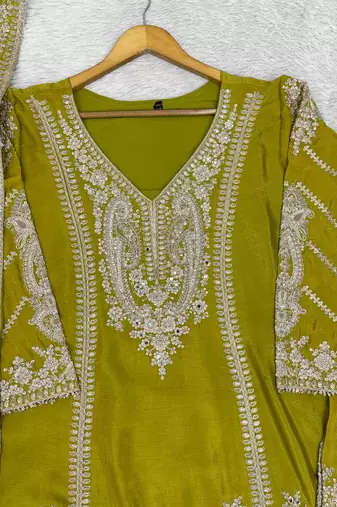 Olive chinon readymade plazzo suit with embroidery sequence work