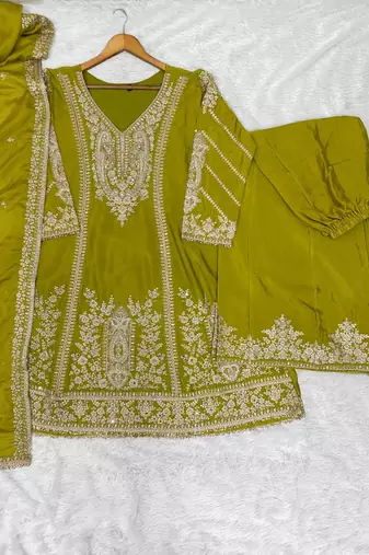 Olive chinon readymade plazzo suit with embroidery sequence work