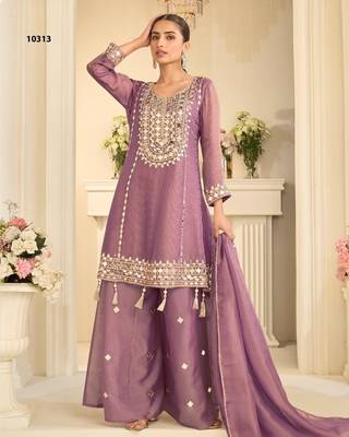 Lavender simmar silk readymade plazzo suit with embroidery & mirror work 1