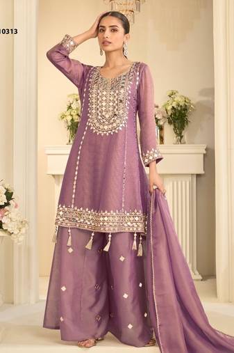 Lavender simmar silk readymade plazzo suit with embroidery & mirror work
