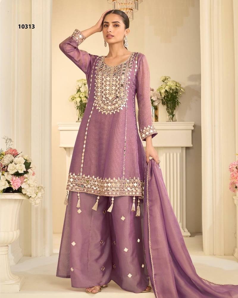 Lavender simmar silk readymade plazzo suit with embroidery & mirror work
