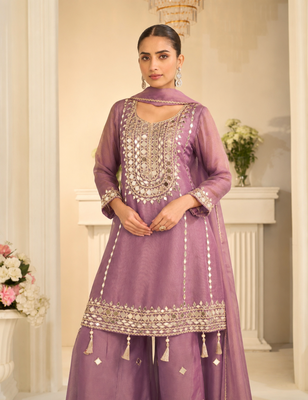 Lavender simmar silk readymade plazzo suit with embroidery & mirror work 2