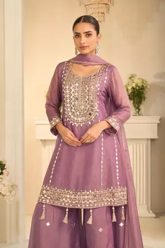 Lavender simmar silk readymade plazzo suit with embroidery & mirror work