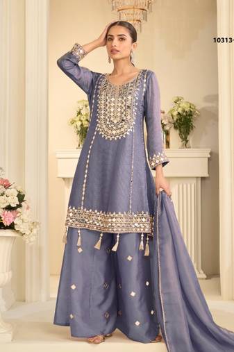Blue simmar silk readymade plazzo suit with embroidery & mirror work