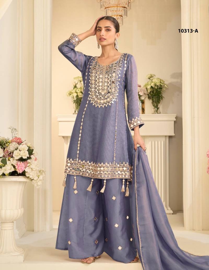 Blue simmar silk readymade plazzo suit with embroidery & mirror work