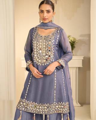 Blue simmar silk readymade plazzo suit with embroidery & mirror work 2