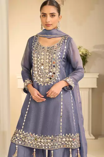 Blue simmar silk readymade plazzo suit with embroidery & mirror work