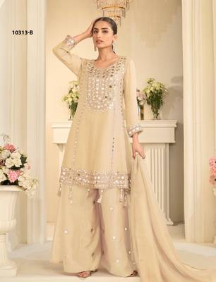 Beige simmar silk readymade plazzo suit with embroidery & mirror work 1