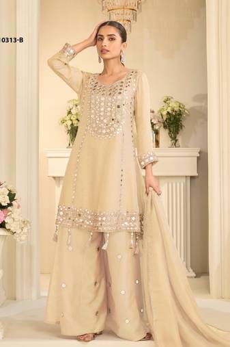 Beige simmar silk readymade plazzo suit with embroidery & mirror work