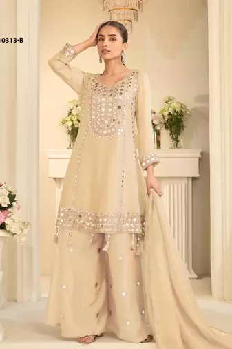 Beige simmar silk readymade plazzo suit with embroidery & mirror work