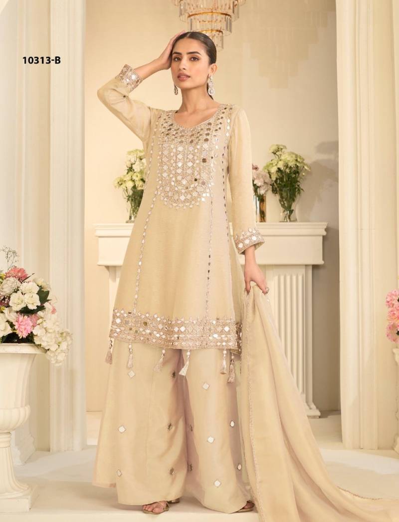 Beige simmar silk readymade plazzo suit with embroidery & mirror work