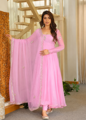 baby pink color embroidery sequin work faux georgette gown set 1