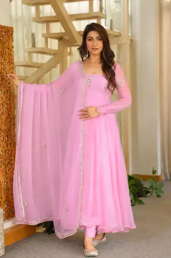 baby pink color embroidery sequin work faux georgette gown set
