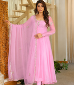 baby pink color embroidery sequin work faux georgette gown set