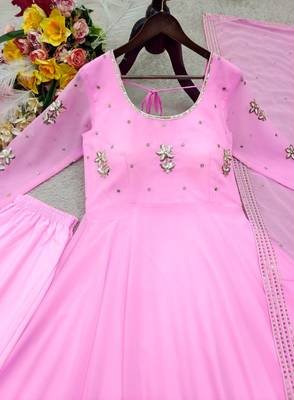 baby pink color embroidery sequin work faux georgette gown set 2