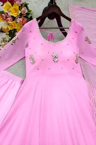 baby pink color embroidery sequin work faux georgette gown set