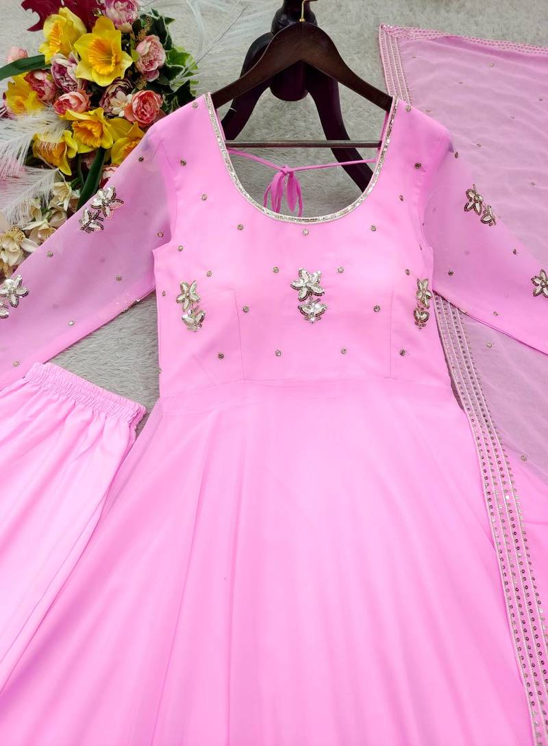 baby pink color embroidery sequin work faux georgette gown set