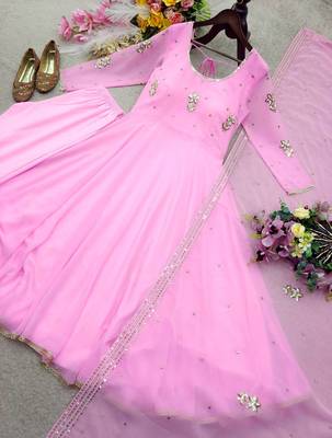 baby pink color embroidery sequin work faux georgette gown set 3
