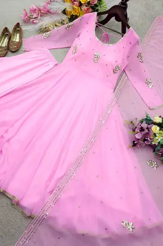 baby pink color embroidery sequin work faux georgette gown set