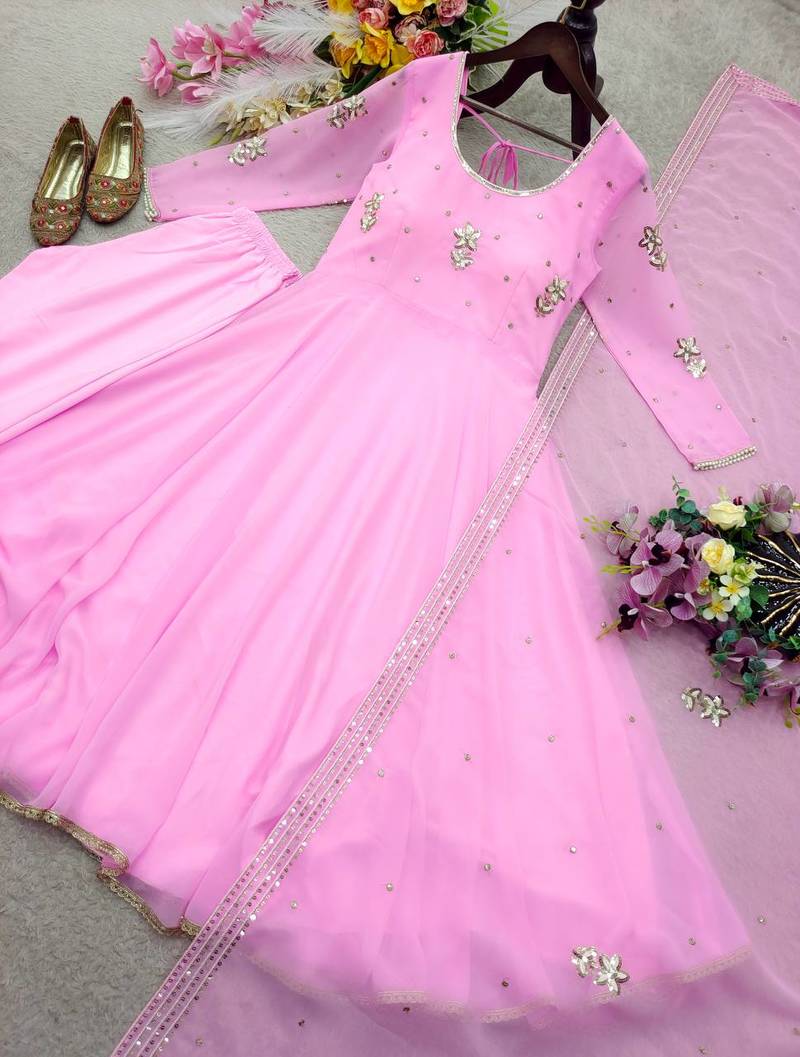 baby pink color embroidery sequin work faux georgette gown set