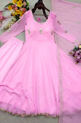 baby pink color embroidery sequin work faux georgette gown set