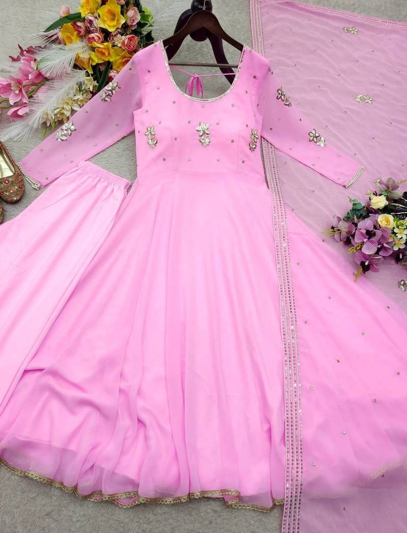 baby pink color embroidery sequin work faux georgette gown set