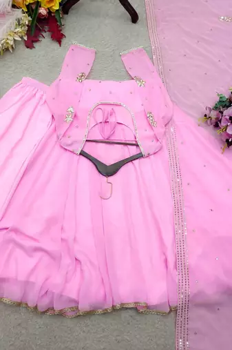 baby pink color embroidery sequin work faux georgette gown set