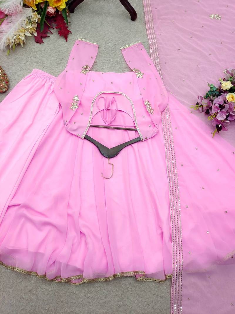 baby pink color embroidery sequin work faux georgette gown set